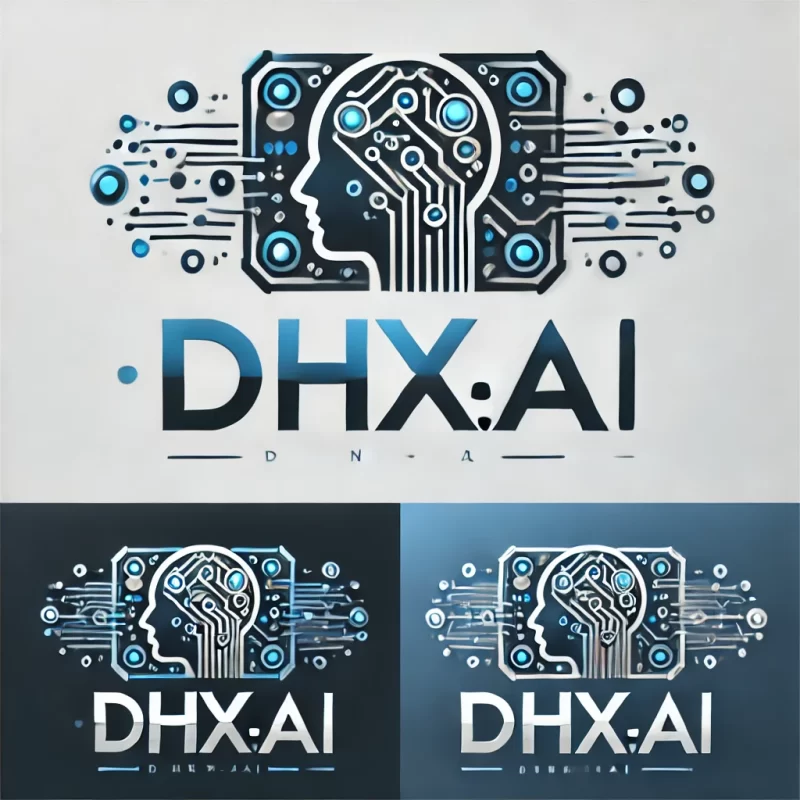 Logo of DHX.ai, featuring a sleek, modern design with digital circuits and AI elements in blue, silver, and white colors. The logo emphasizes artificial intelligence with a futuristic look.