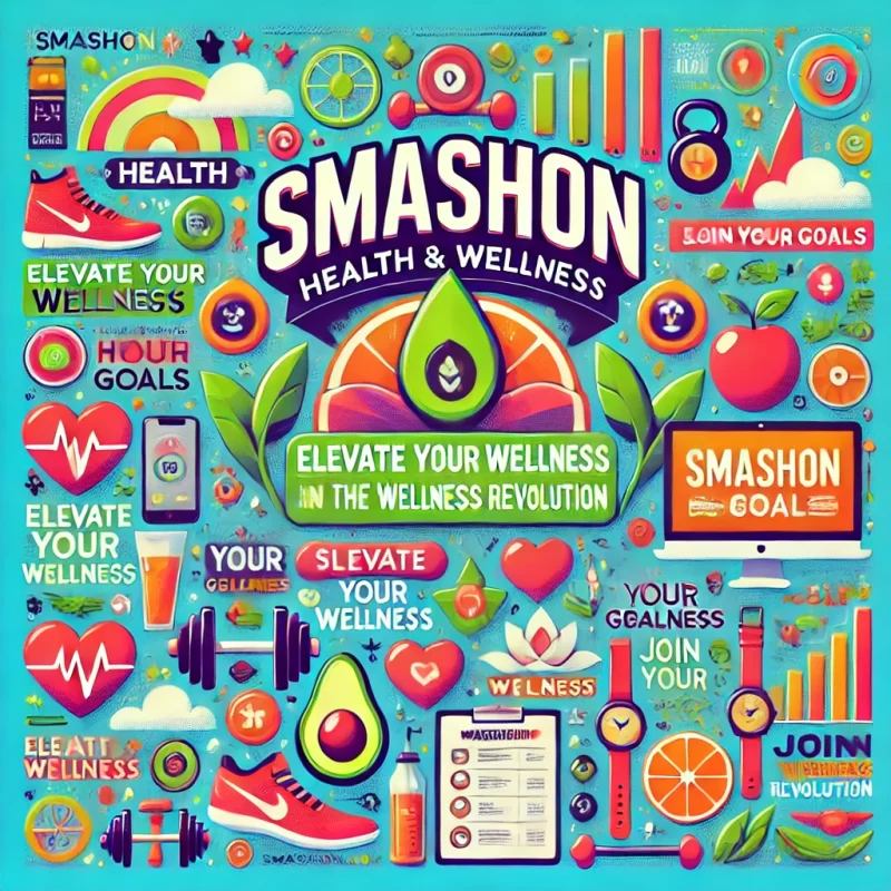 SmashOn Health and Wellness promotional image showcasing fitness, healthy food, and motivational symbols with vibrant colors.